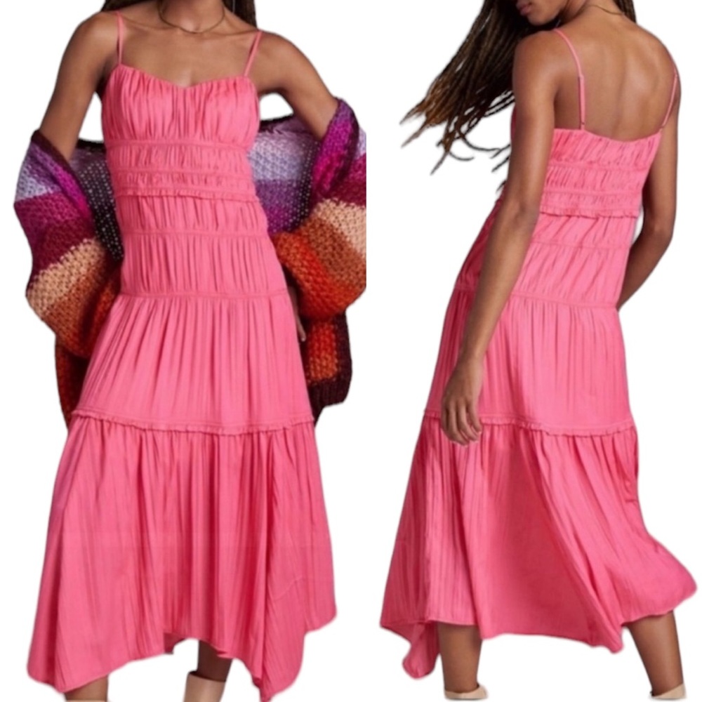 Anthropologie Spaghetti Strap Tiered Ruched Dress Raspberry Pink 14 NWT
